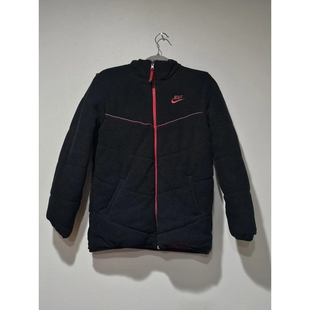 Nike Jacket Youth Large 14-16 Red Black Reversible Fleece Puffer Hooded